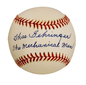 Charlie Gehringer Single Signed Official American League Baseball w/ "The Mechanical Man" Inscription 